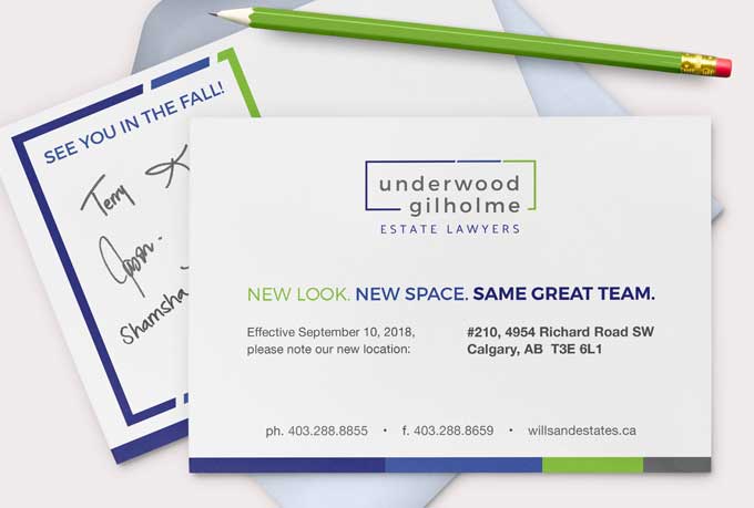 Underwood Gilholme Estate Lawyers notice of location change on rebranded cards.