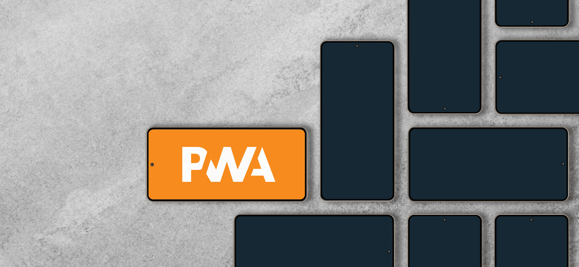 An image of phones on a grey surface with one phone displaying a white PWA logo on an orange phone screen